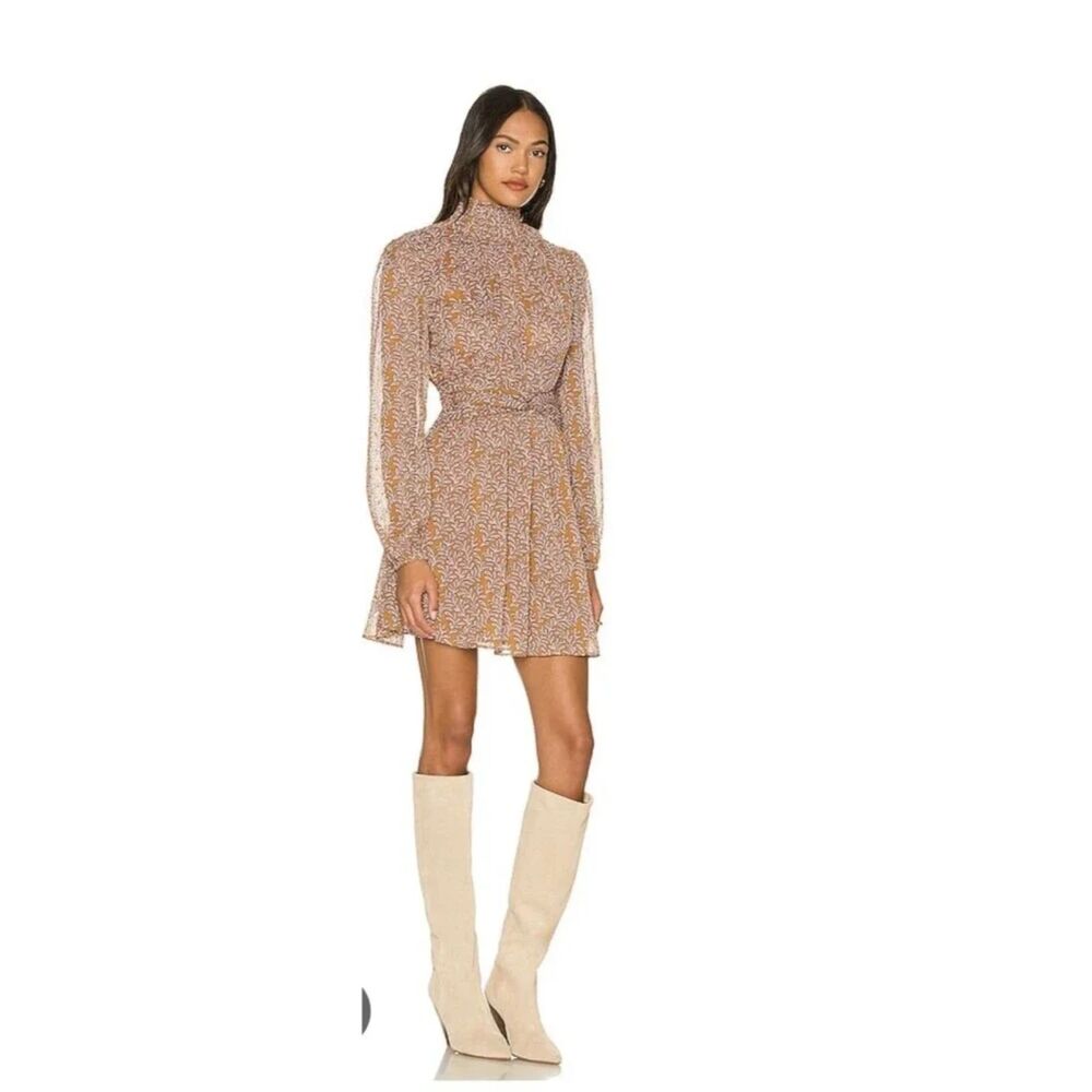 Women’s Minkpink Mirleft Long Sleeve Smocked Neck Mini Dress Short Large Beige